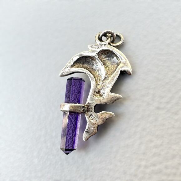 Sterling Silver Dolphin Charm Pendant w Purple Amethyst Glass Crystal Point 925 - Picture 4 of 5